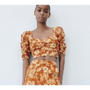 NWT Zara Geometric Floral Print Linen Cotton Cropped Top S